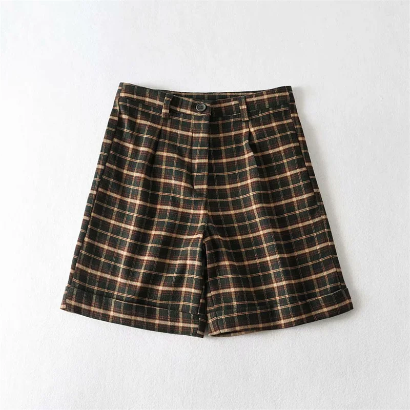 

PUWD Vintage Women Plaid High Waist Loose Shorts 2022 Summer Fashion Ladies Casual England Style Short Bottoms Girls Chic Shorts