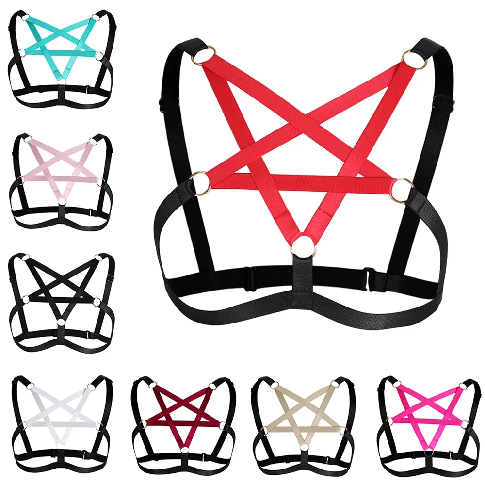 

Black Pentagram Harness Bra For Women Bralette Harajuku Gothic Bondage Cage Bra Erotic Fetish Wear Top Bodysuit Polyester Bra