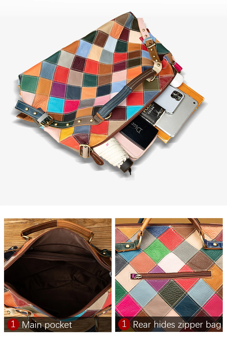 Sac à main Patchwork en cuir souple multicolore pour femmes, sac à épaule de bonne qualité, grand fourre-tout de luxe, Design féminin, 600