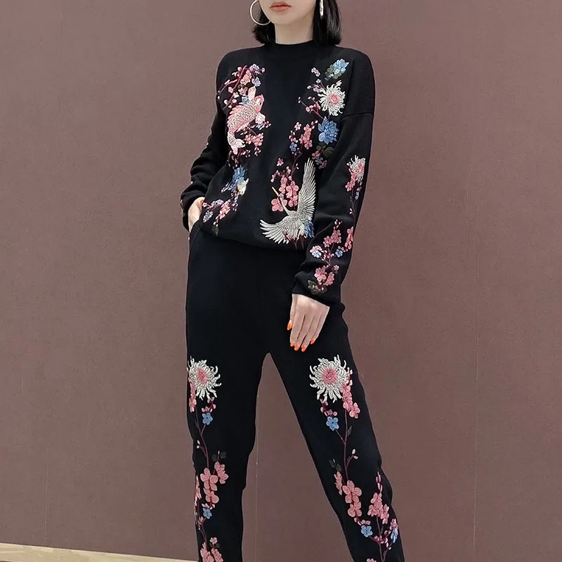 Heavy Work Flower Bird Embroidery Women Knit Tracksuit Outfits Long Sleeve Sweater Trousers Sets Casual Casual Knitwear Suits