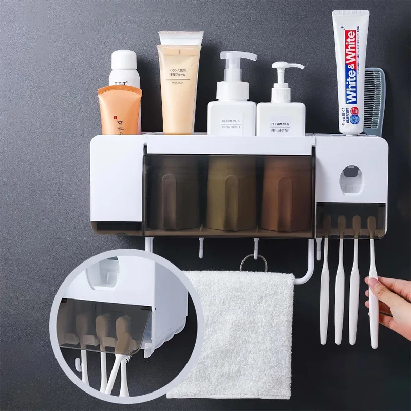 Toothbrush Holder Toothpaste Automatic Dispenser Bathroom Toiletries Storage Rack Clamshell Cup  Rack Shelf Towel Bar Hook