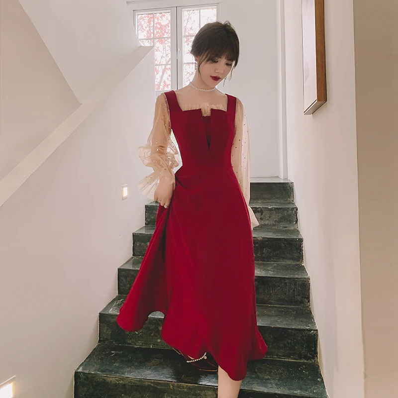 

Square Collar Bowknot Vestidos Ruffles Sleeve Lady Cheongsam Burgundy Fairy Bling Sequins A-Line Dress Vintage Mid Length Qipao