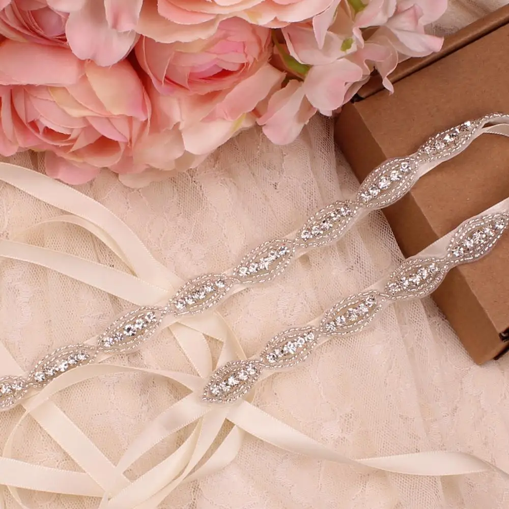 Ceinture de mariée en cristal avec rubans, ceinture de mariage en argent faite à la main, ceinture patient en biscuit pour robes de soirée de mariage