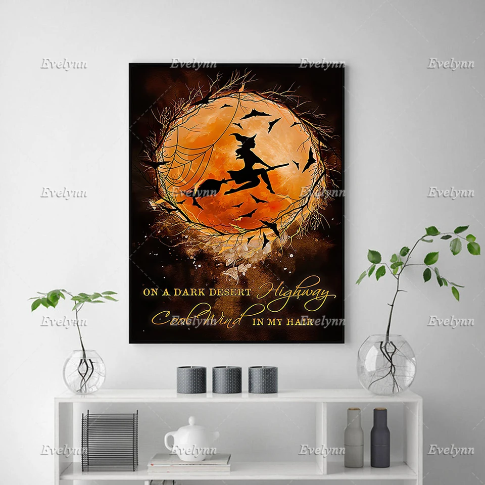 On A Dark Desert Highway Witch Retro Poster/All Saints' Day Magic Lovers Wall Art Prints Home Decor Canvas Gift Floating Frame