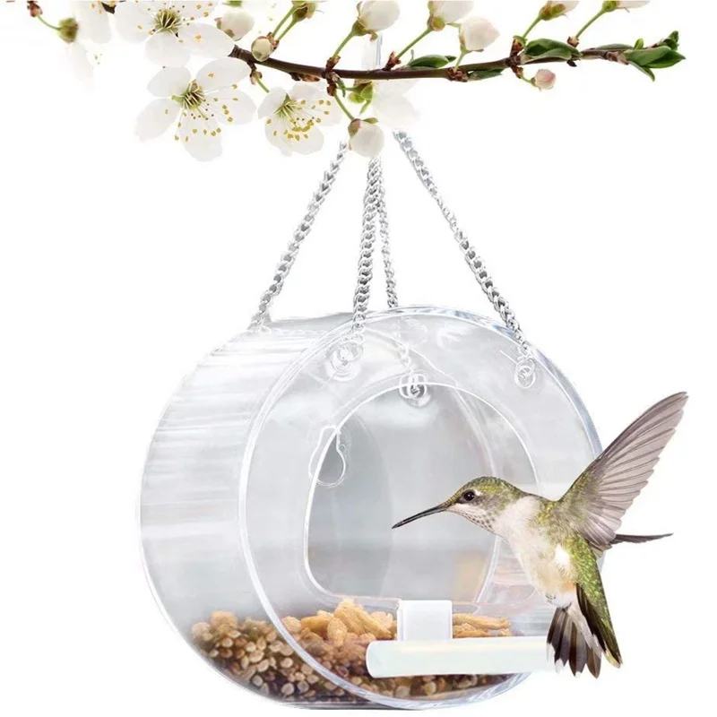 

Outdoor Indoor Portable Round Bird Feeder Transparent Acrylic Hanging Adsorption Pet Parrot House