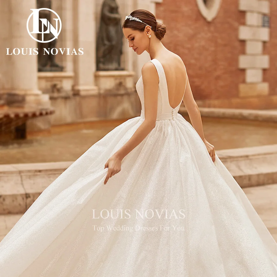 LOUIS NOVIAS A-Line Wedding Dress For Women V-Neck Sleeveless Sparkling Tulle Backless Sexy Wedding Gown Vestidos De Novia