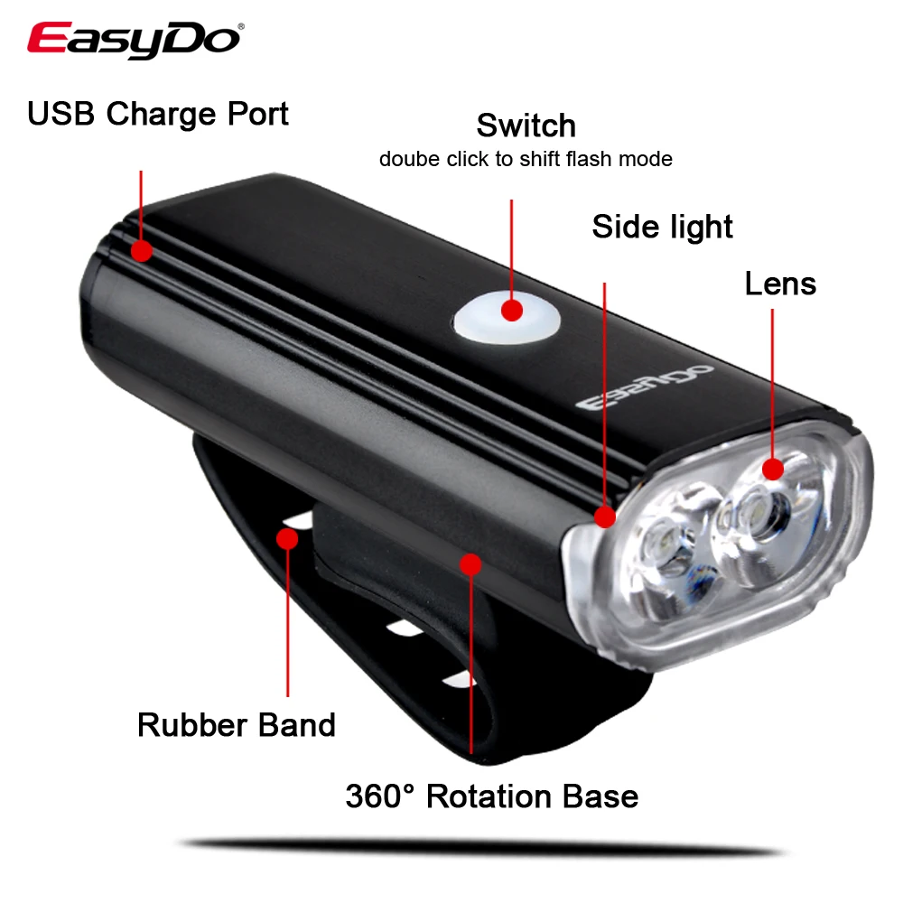 EasyDo Bike Light Rainproof USB Rechargeable LED Large Capacity Battery MTB Front Lamp Headlight Aluminum Ultralight Flashlight