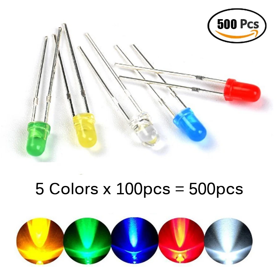 500Pcs/lot 3MM LED Diode Assorted Kit Mixed Color Red Green Yellow Blue White 5color each 100pcs DIY led diode kit leds set