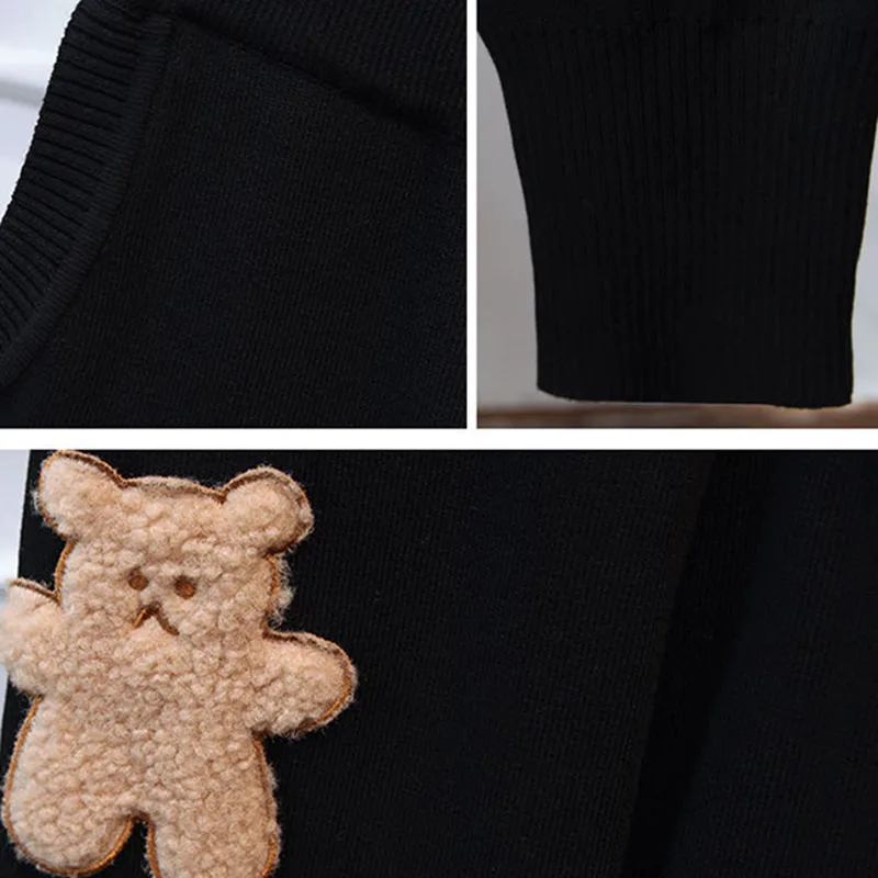 2021 Spring Autumn Women Fashion Long Sleeve Bear Patch Knitting Sweater Suit + Little Feet Casual Pants Female Two Piece Sets