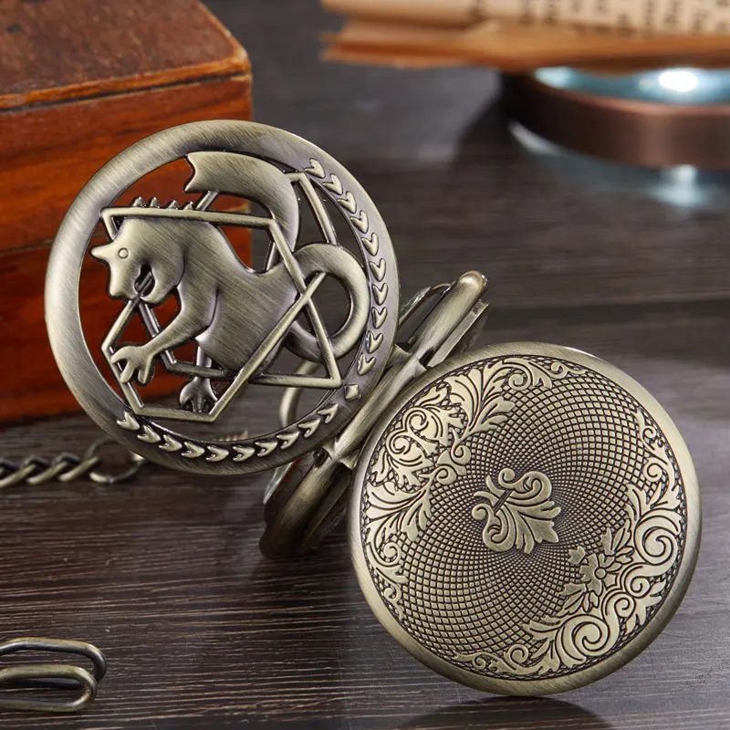 

Retro Tone Fullmetal Alchemist Pocket Watch Mens Women Cosplay Edward Elric Clock Fob Necklace Chain Mechanical Pocket Watch