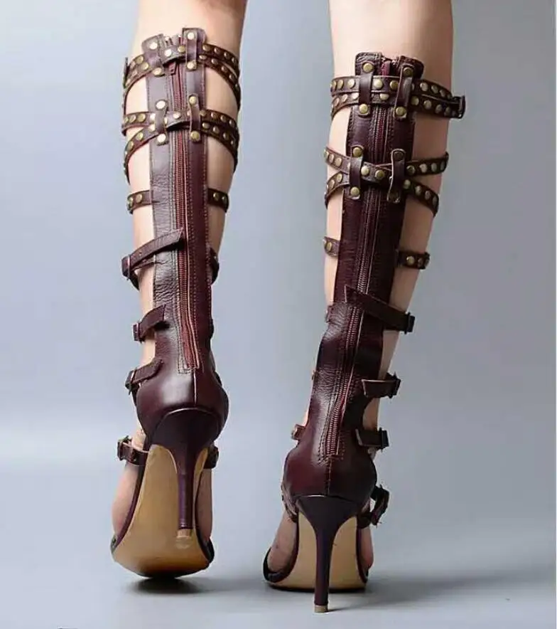 2019 Buckle Metal Button Women Summer Knee High Boots Open Toe Sexy High Heel Ladies Roman Shoes Woman Fashion Gladiator Sandals