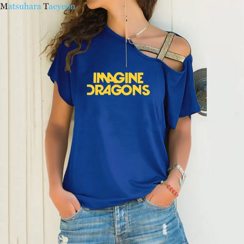 woman t shirt Fashion Imagine Dragons Funny Tee Top Short Sleeve Female clothing T-Shirt Irregular Skew Cross Bandage Tshirt