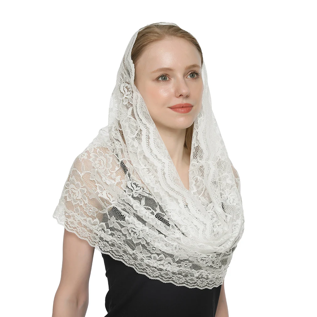 2021 New Arrival Lace Flower Scarf Round Bandana Fashion Prayer Kerchief Church Shawls Scarves Muslim Head Wraps Lace Veil Mass