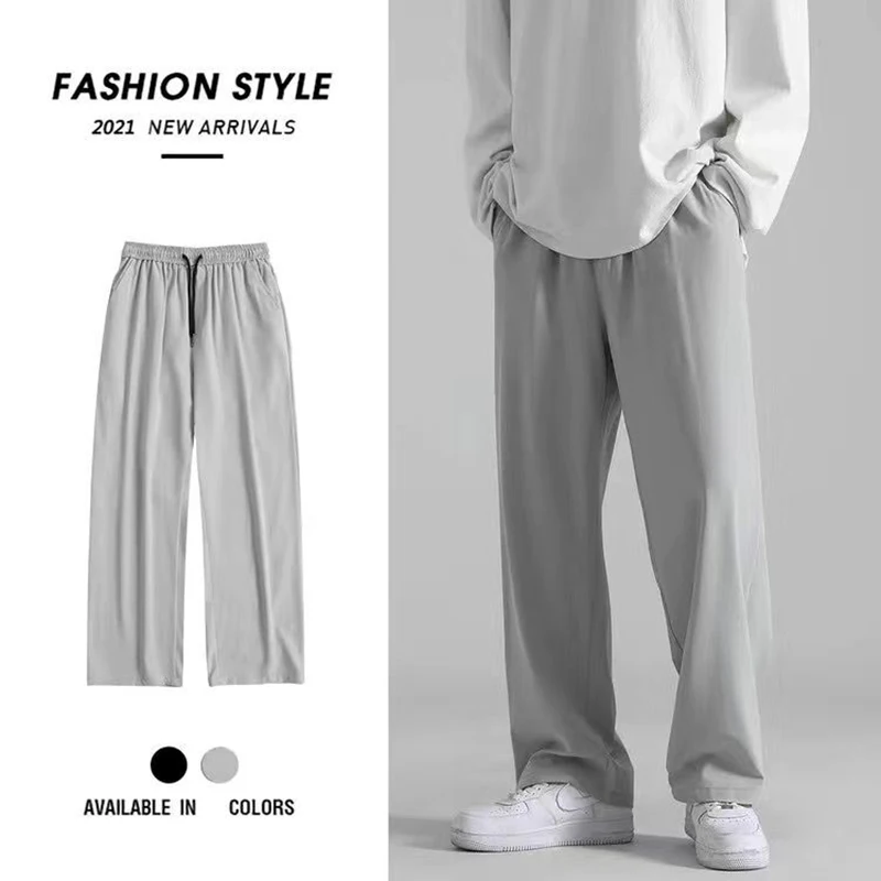 Korean Summer Silk Feel Straight Long Pants Men 2021 Thin Light-Weight Wild Leg Trousers Solid Color Men's Clothing