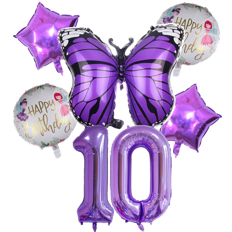 6 Stück lila Schmetterling Folienballons Set 40 Zoll lila Zahl Heliumballon Geburtstag Party Dekorationen Kinder Babypartys Mädchen – Detail 2