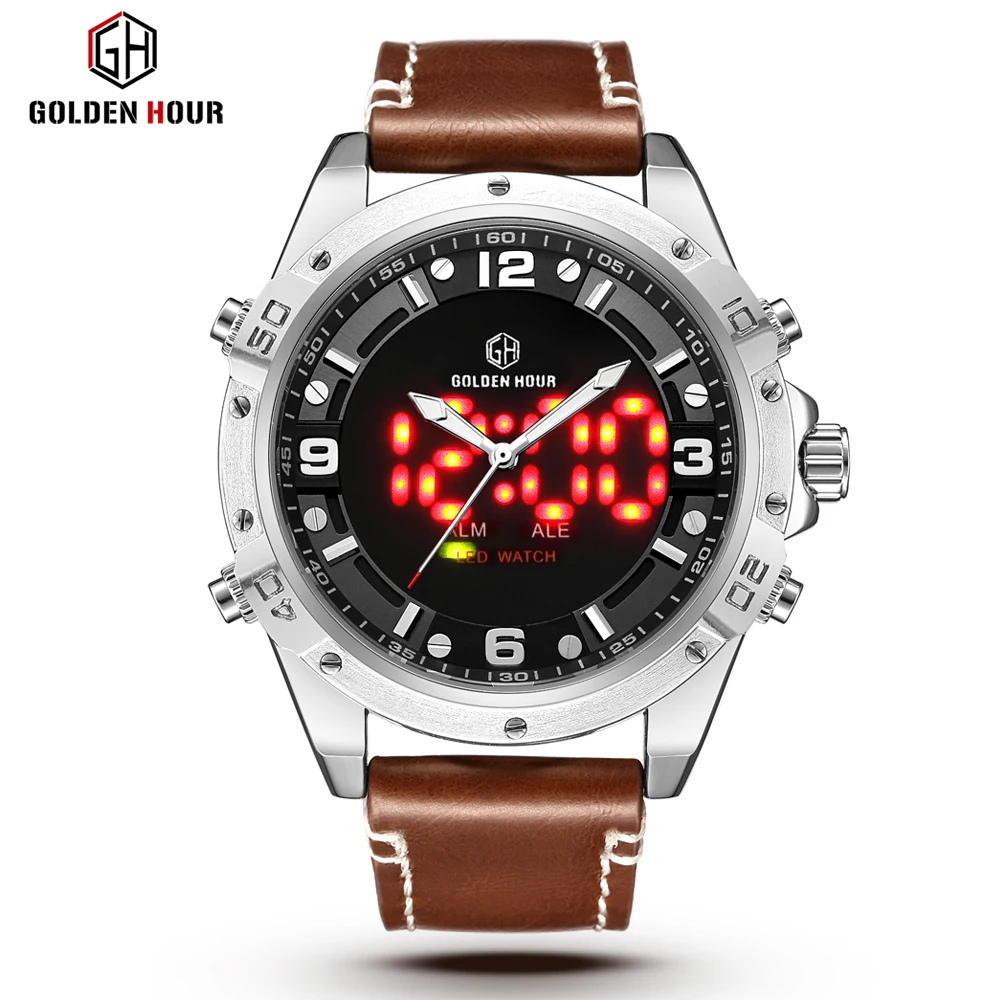 GOLDENHOUR Luxury Fashion Sport Men Watches Army Military Mens Watch Leather Waterproof Wristwatch Male Clock Relogio Masculino