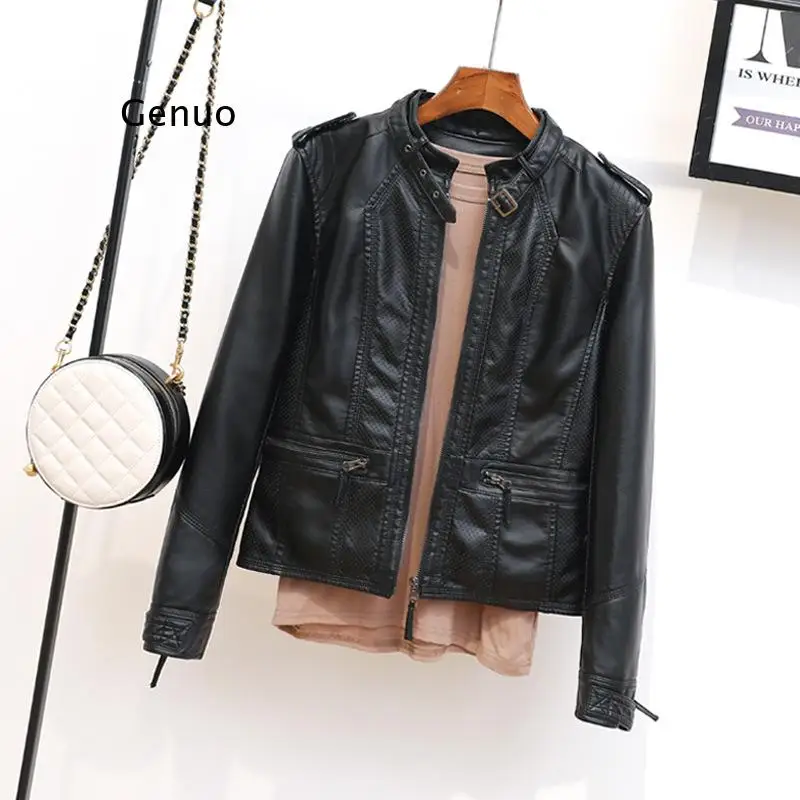 

New Spring Stand Collar Faux Soft Leather Jackets Women Pu Moto Biker Zipper Epaulet Black Coat Female Slim Outerwear