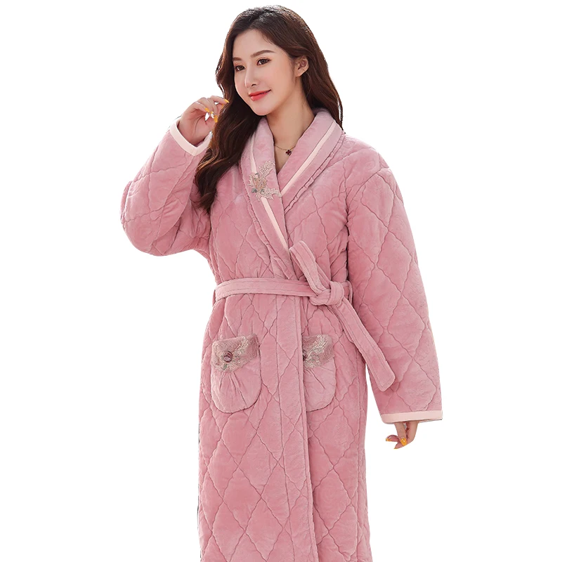 Winter Coral Velvet 3Layers Quilted Bathrobe Women Pajamas Womens Nightgowns Flannel Warm Robe Sleepwear Big Yards Womens Robes