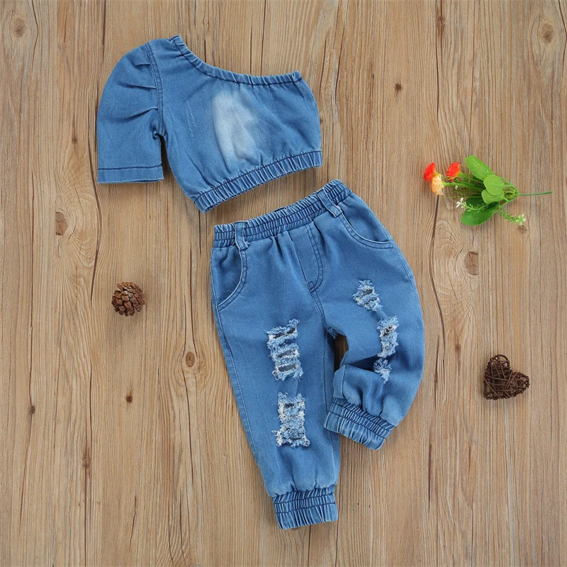 Kids Girl’s 2 Piece Set Solid Color One-shoulder Denim T-shirt Crop Tops and Ripped Long Pants Fashion Suit for 1 to 6Years