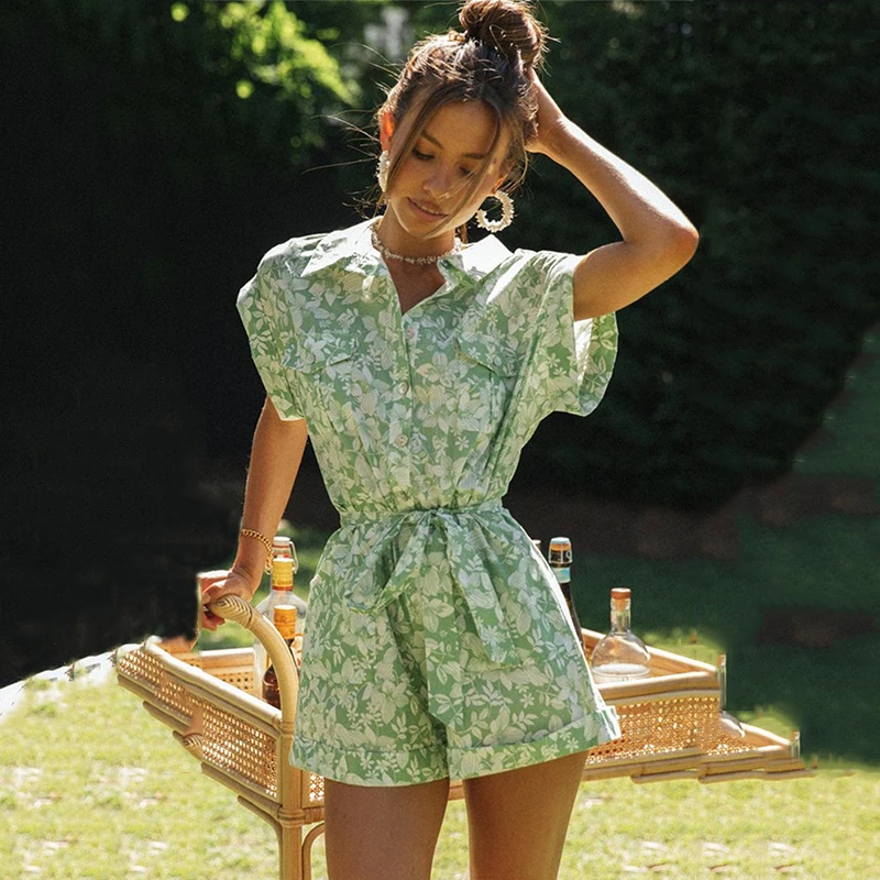 Ardm Fahion V Neck With Button Floral Print Jumpsuit Women Summer 2021 Lace Up Short Sleeve Pockets Playsuit Casual Rompers