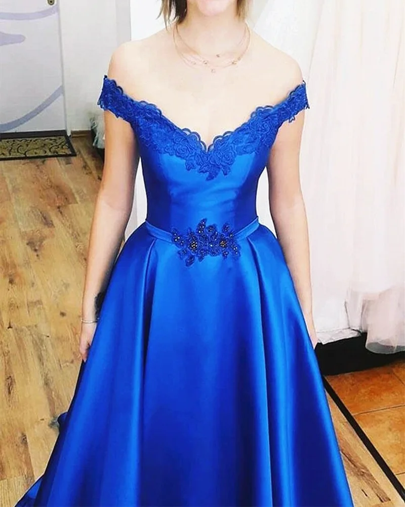 Robe de soirée en Satin bleu Royal, ligne a, dos nu, épaules dénudées, avec des appliques, col en v, robe de mariage