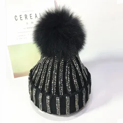 Fashion Winter Adult thick warm fur  beanies caps Luxury women Rhinestone crystal skullcap Skullies Hats Gorros