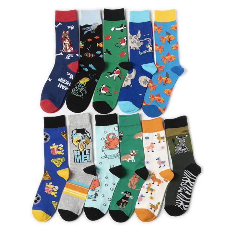 Hrajuku Style Combed Cotton Men\'s Socks Colorful Cartoon Funny Kawaii Dog Cat Elephant Fish Socks Fashion  Spring Sokken