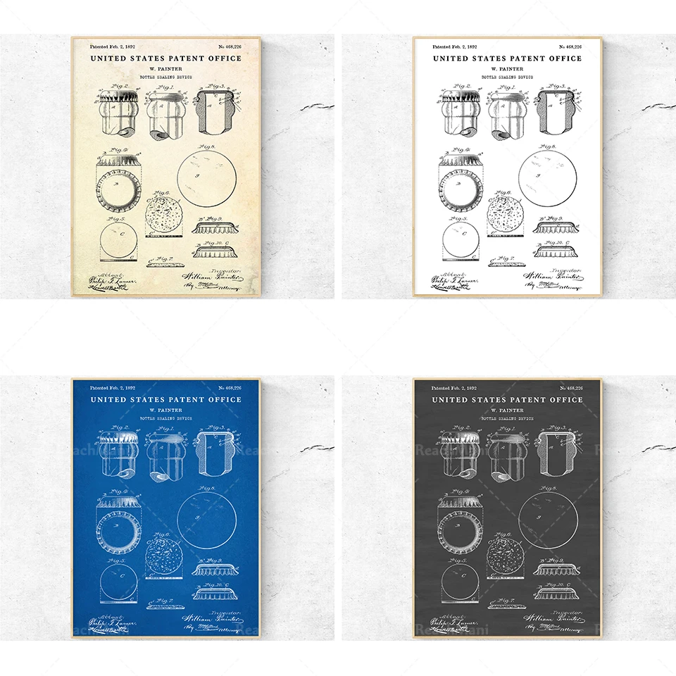 Bière bouteille Cap brevet dessin imprimé, arte Vintage Blueprint, decoración de cocina, affiche de brevet, arte de pared para hombre