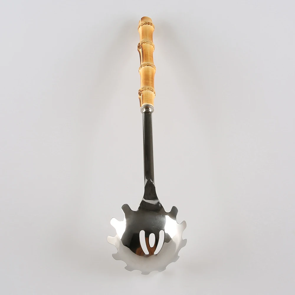 Kitchen Cooking Stainless Steel Bamboo Root Wood Handle Noodle Slotted Strainer Ladle Skimmer Spoon Fork Spaghetti Pasta Server