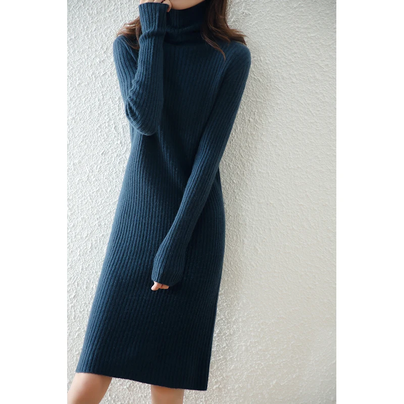 2021 New High Quality 100% Wool Sweater Dress for Women Knee-length Solid Color Turtleneck Pullover Straight Cozy Slim Dresses