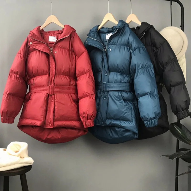 2023 Women Winter Coat Long Sleeve Hooded Collar Women Pure Color Warm Jacket Coat With Belt Casaco Feminino Cotton Thick Coat