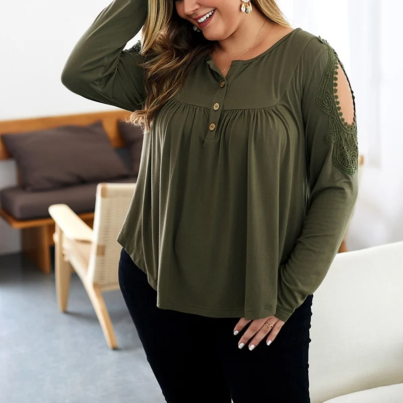 

Autumn new plus size casual T-shirt 7XL 8XL 9XL fashion ladies long sleeve embroidered buttons round neck high elastic T-shirt