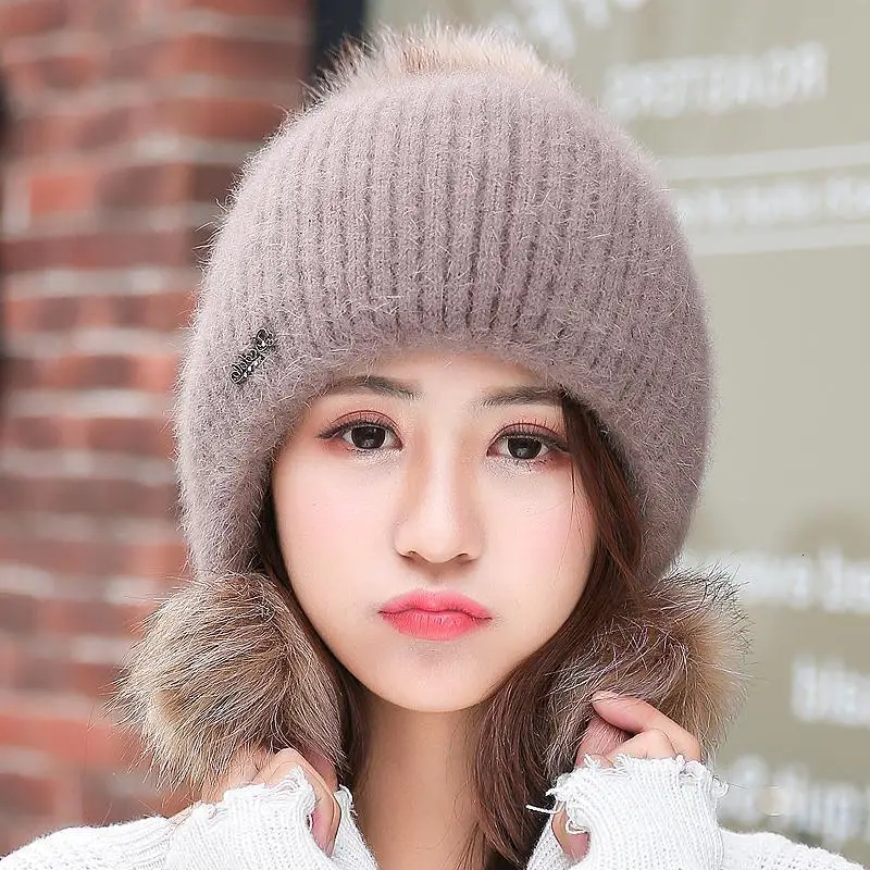 Simple Girl Thicken Ski Snow Cap New Fashion Fur PomPoms Winter Wool Women Beanie Hats Female Skullies Warm Knit Hat Set