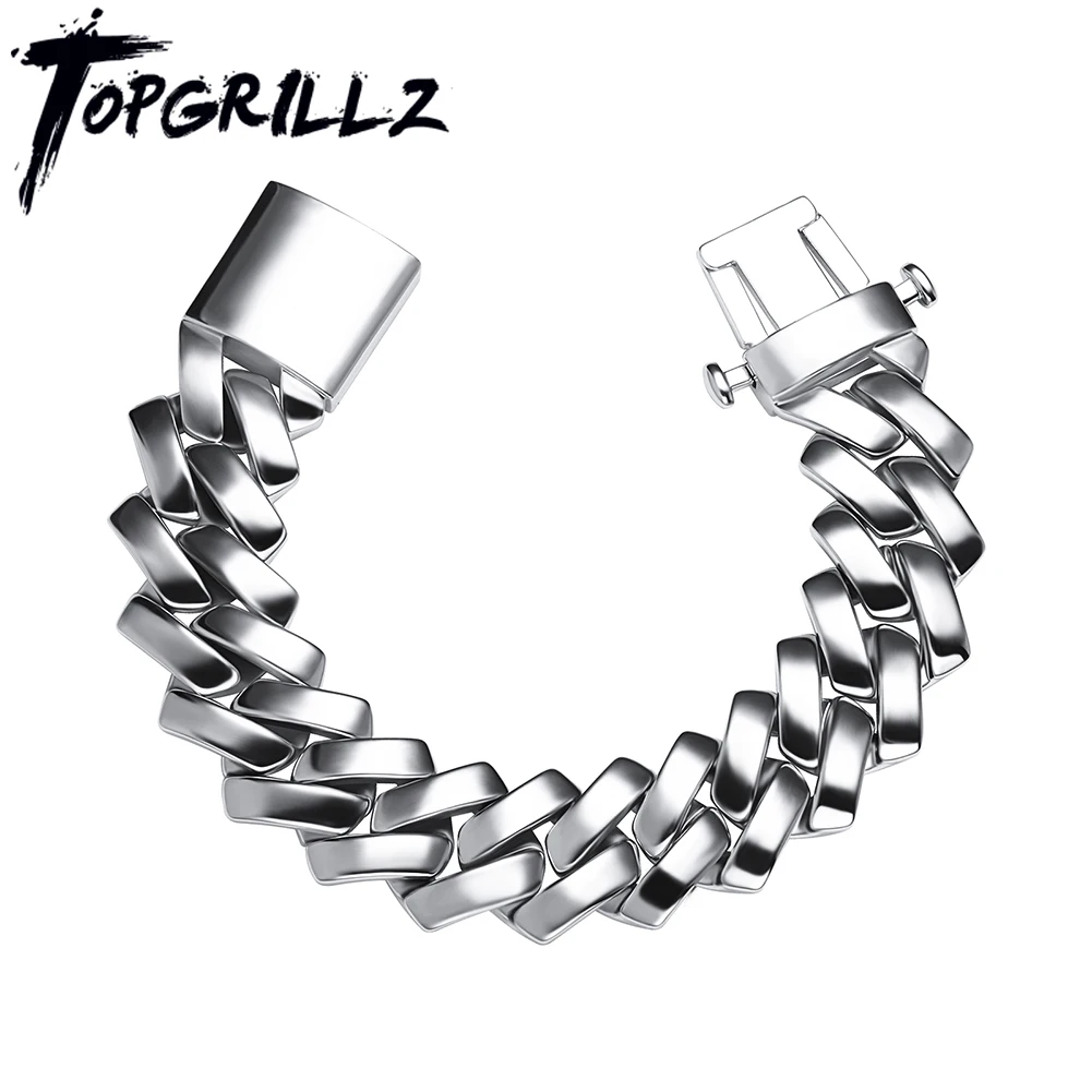 

TOPGRILLZ Mens Bracelet 18MM Cuban Chain Miami Prong Link Chain Glossy Chain In White Gold With New Spring Clasp Hip Hop Jewelry