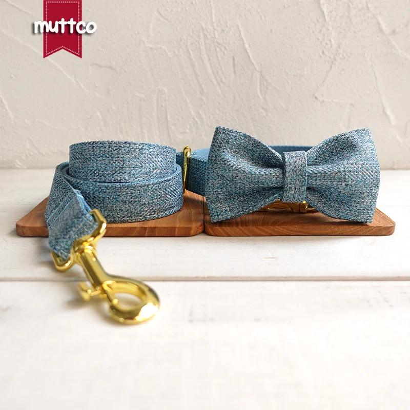 

MUTTCO adjustable pet collar for training puppy necklace THE SKY BLUE SUIT handmade dog collar with bow tie 5 sizes UDC071B