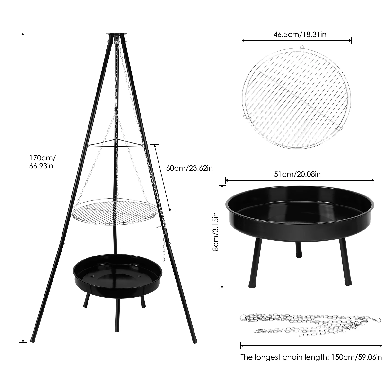 HangingTripod Grilling 9pcs Tripod Barbecue Kit 22 Diameter Outdoor Barbecue Camping Cookware For Dating Family Outing