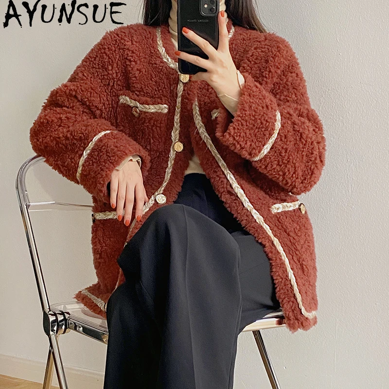 

AYUNSUE Winter Sheep Shearling Coat Female Autumn 2021 Short Black Fur Coats Women Real Wool Jakcet Elegant Manteau Femme Gxy197