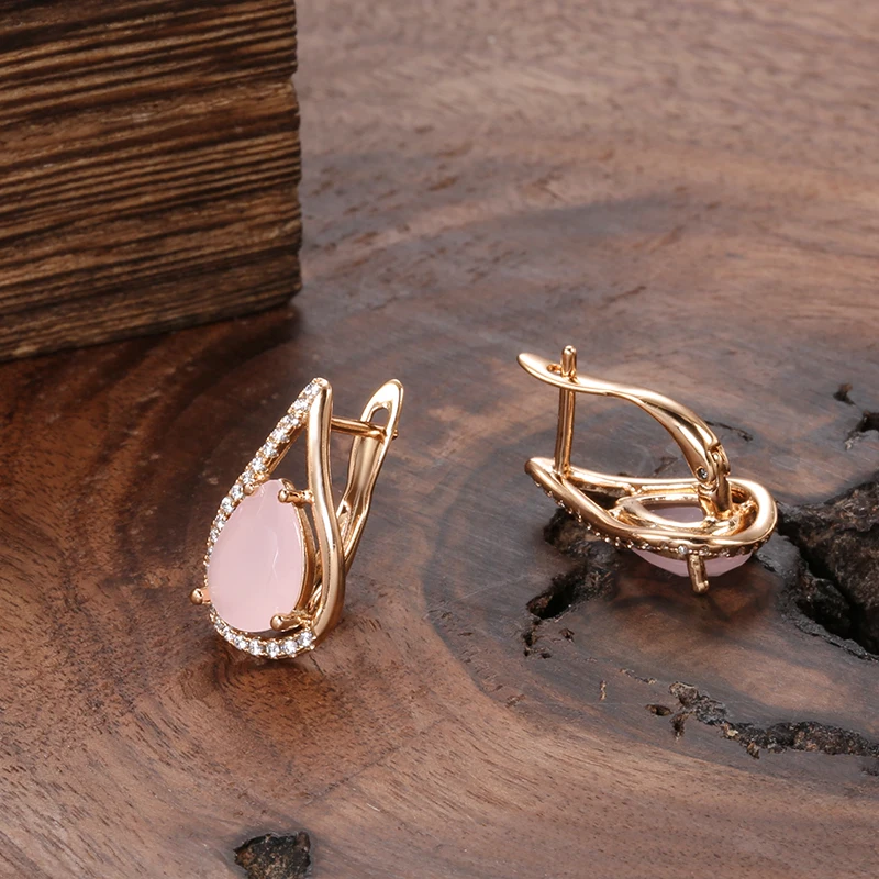 SYOUJYO Pink Natural Zircon Water Drop Earrings For Women 585 Rose Gold Color Exquisite Party Jewelry Anniversary Gift