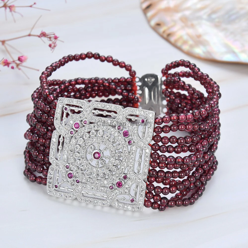 Natural Stone 8\'\' 11 Strands Natural Round Garnet Bracelet CZ Connector