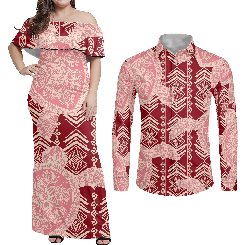 HYCOOL Polynesian Tribal Tattoos Print Red Dresses For Woman Party Off Shoulder Dresses Big Sizes Couples Matching Clothing Set