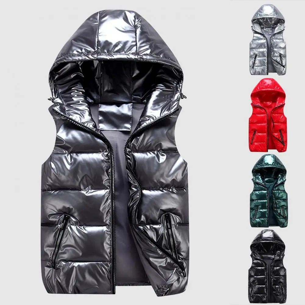 

Women Winter Vest Solid Color Hooded Warm Elastic Hem Pocket Bright Color Quilted Vest Waistcoat New for Daily Wear Dropshipping