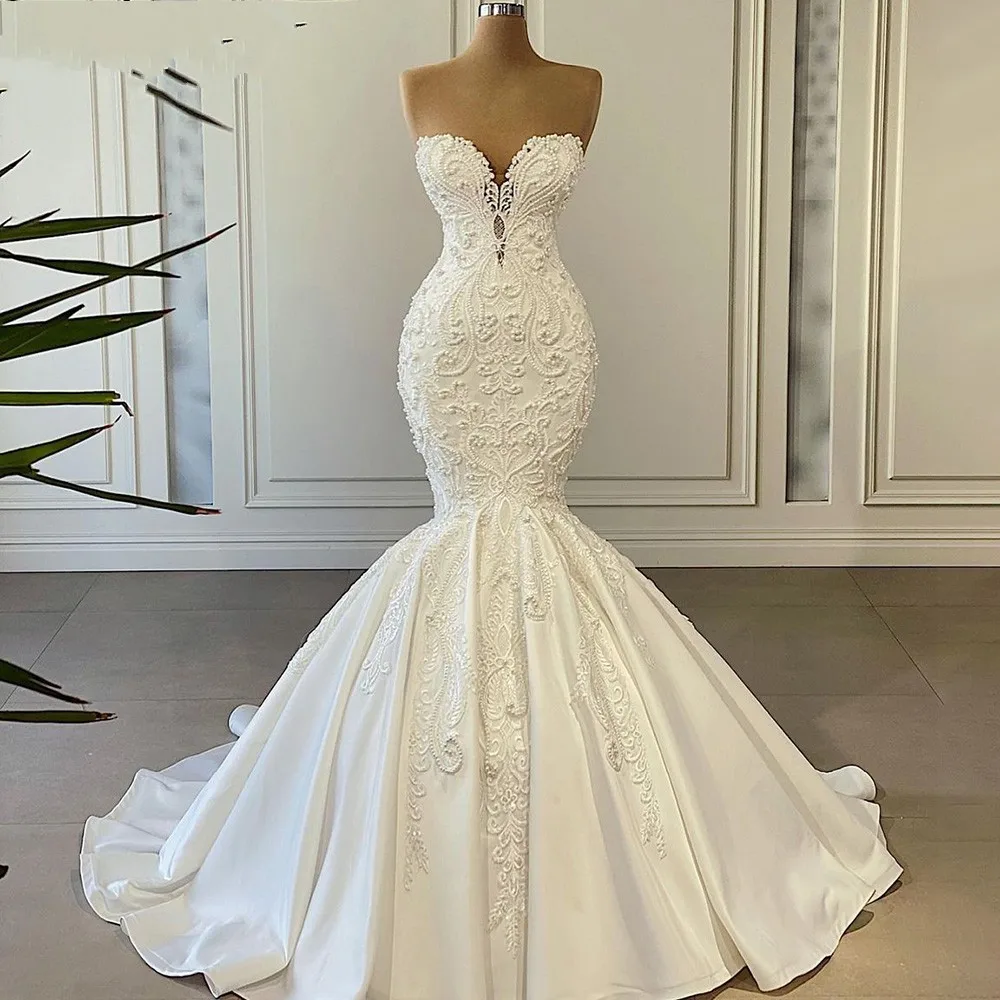 Árabe dubai cetim miçangas pérolas vestidos de casamento 2022 querida rendas acima do sexo feminino sereia vestidos de noiva robe de mariée