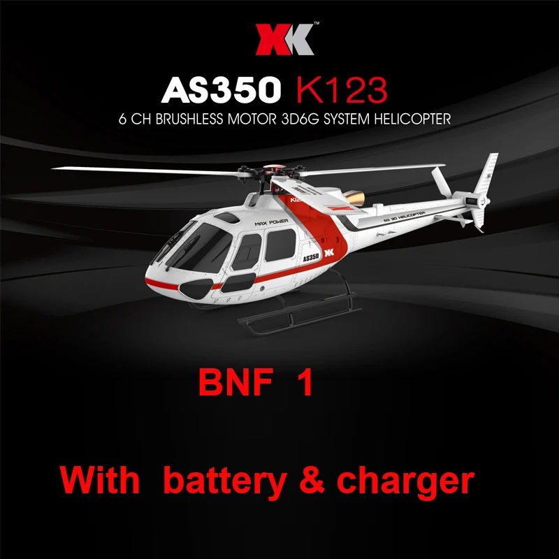 

(WIth 2 Batteries ) XK K123 BNF 6CH Brushless AS350 3D6G RC Helicopter (Without Tramsmitter ) (With Battery And Charger )