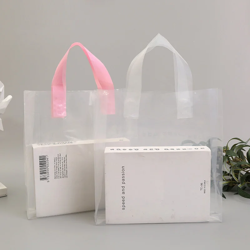 50Pcs/lot Pink/White Dots Transparent Plastic Carry Bag with Handle Wedding Party Gift Bags Thick Large Shopping Bags