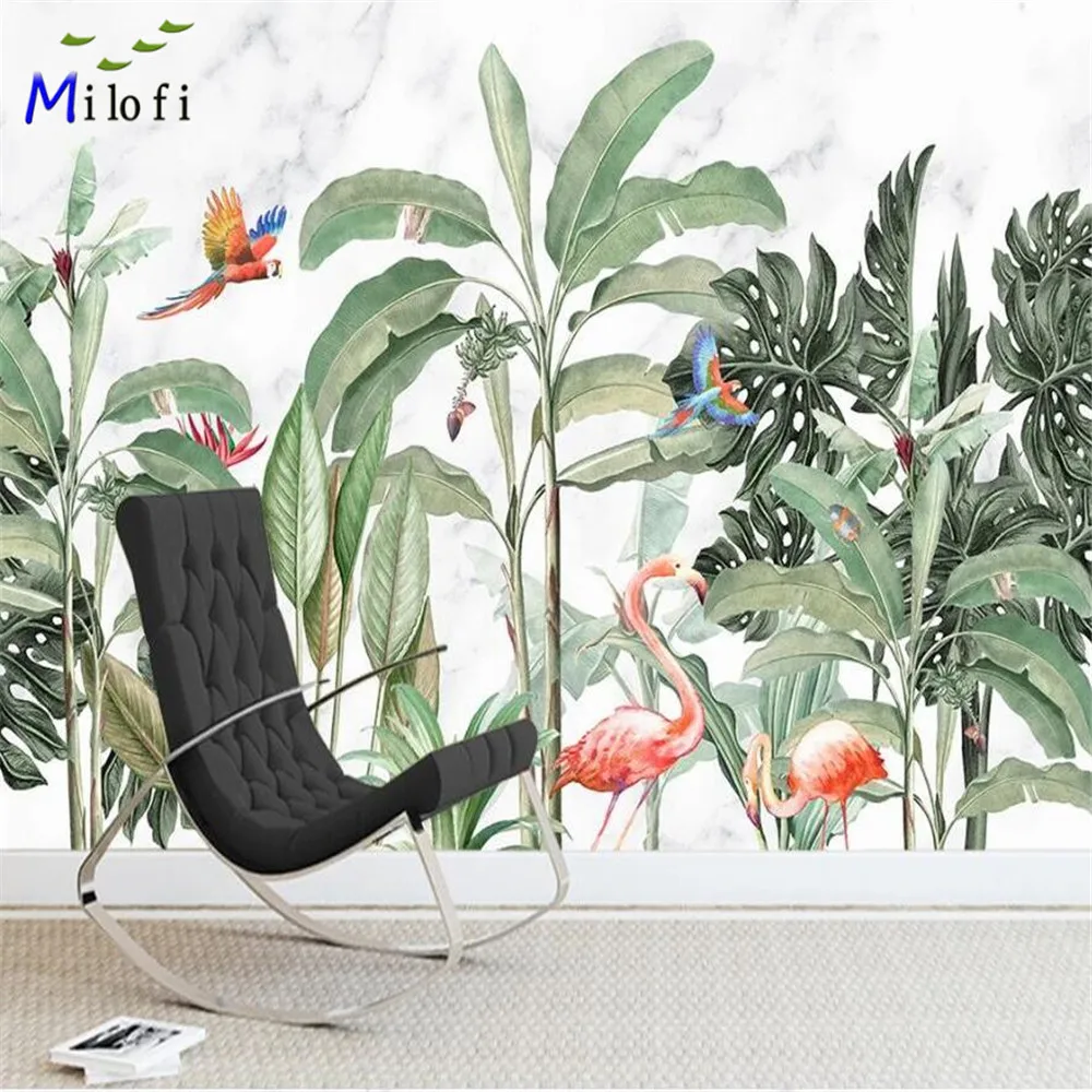 

Milofi custom vinyl 3D wallpaper mural wallpaper modern fresh rainforest plant animal flamingo TV sofa background wall