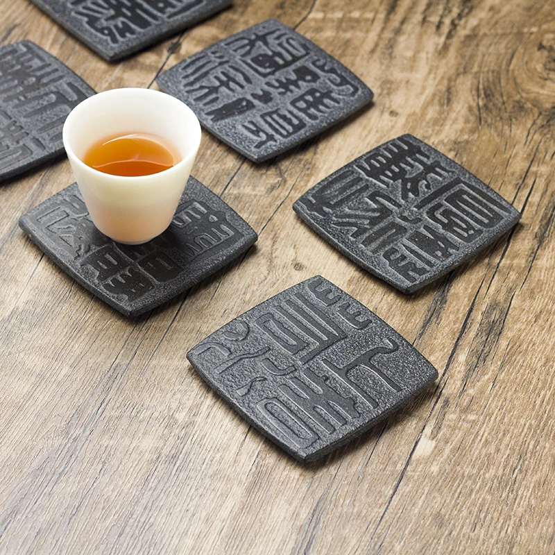 Cup Mat Coaster Teapot Teacup Nature Stone Pad Coffee Placemats Home Decor Durable Heat Resistant Black Square Culture Teaware