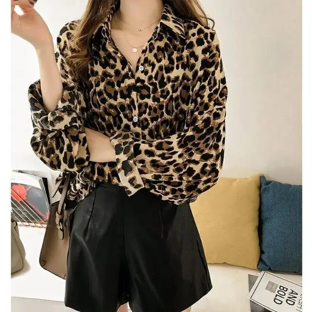 Blusa de manga larga holgada para mujer, camisa con estampado de leopardo, talla grande, para primavera y otoño, 2020