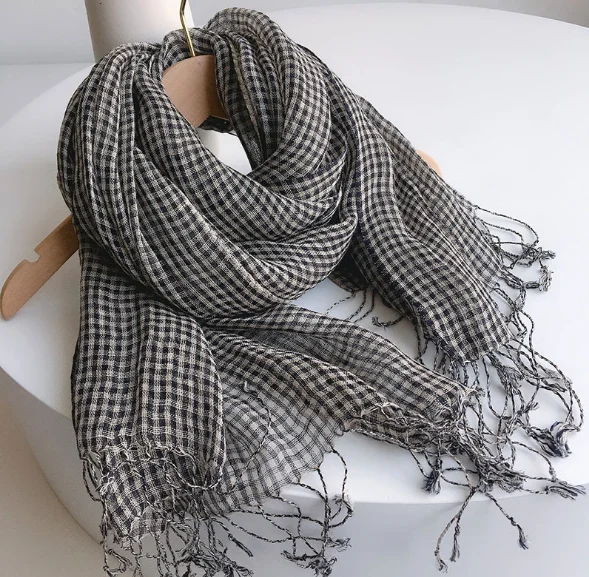 100% linen small plaid scaves summer spring japanese style crepe air conditional shawls black white check weaved pashmina wraps