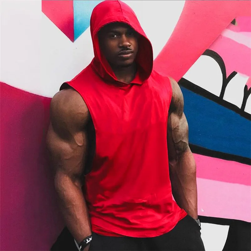 Plain Bodybuilding Stringer Tank Tops Men Workout Hooded Shirt Fitness Tank Top Men Gym Clothing Cotton Vest Hoodies