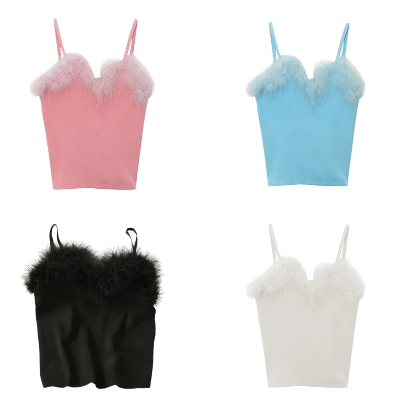 Womens Sexy Faux Fur Feather Trim Camisole Knitting Spaghetti Strap Slim Tank Top Solid Color Fluffy Baselayer Sleeveless New